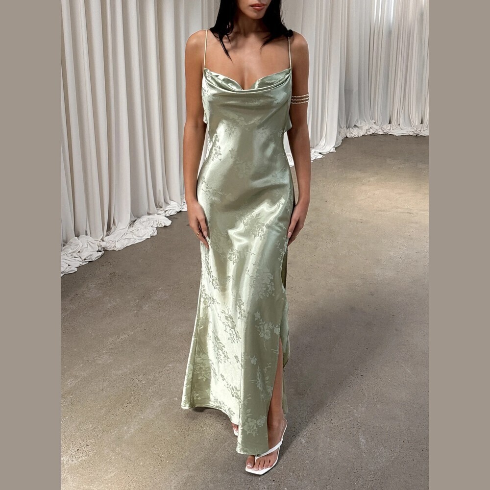 Pale Mint Green Floral Jacquard Cowl Neck Spaghetti Strap Maxi Dress